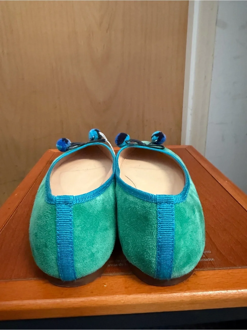 J.Crew Women’s Blue & Green Suede Pointed Toe Pom Pom Ballet Flats. Size: 8.5
